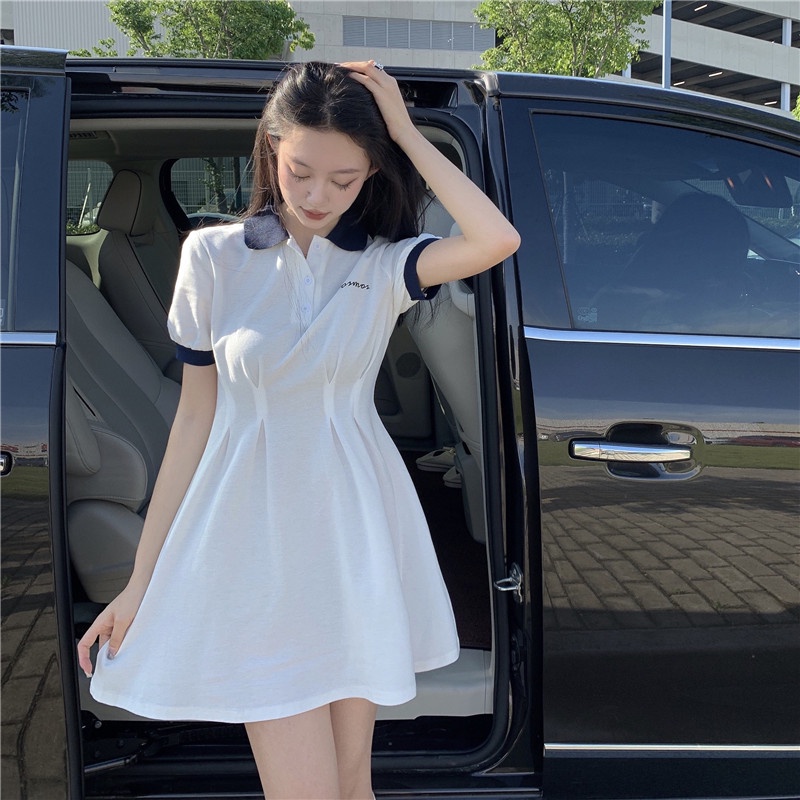 Đầm Polo Nữ Triết Eo Thêu Chữ 🦋 Váy Nữ Dáng Xòe Cộc Tay Cổ Phối 🦋 | BigBuy360 - bigbuy360.vn