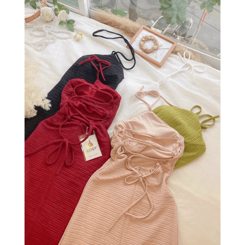 Đầm Nữ Cổ Yếm Cột Dây Đan Chéo Lưng Phối Tùng Xẻ Quyến Rũ Tôn Dáng HOt