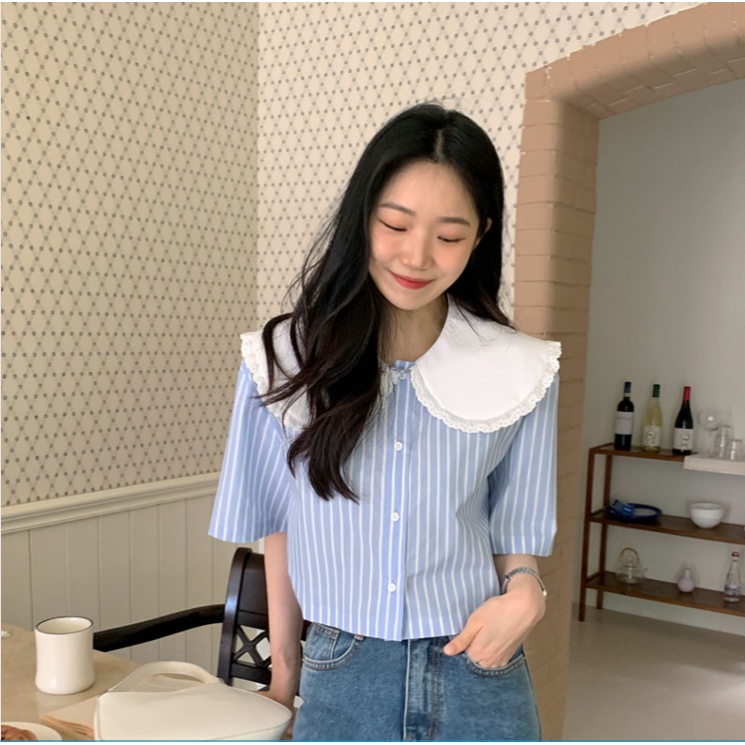 Áo sơ mi SUXI ngắn tay cổ búp bê họa tiết kẻ sọc màu trơn phong cách Hàn Quốc thời trang mùa hè cho nữ