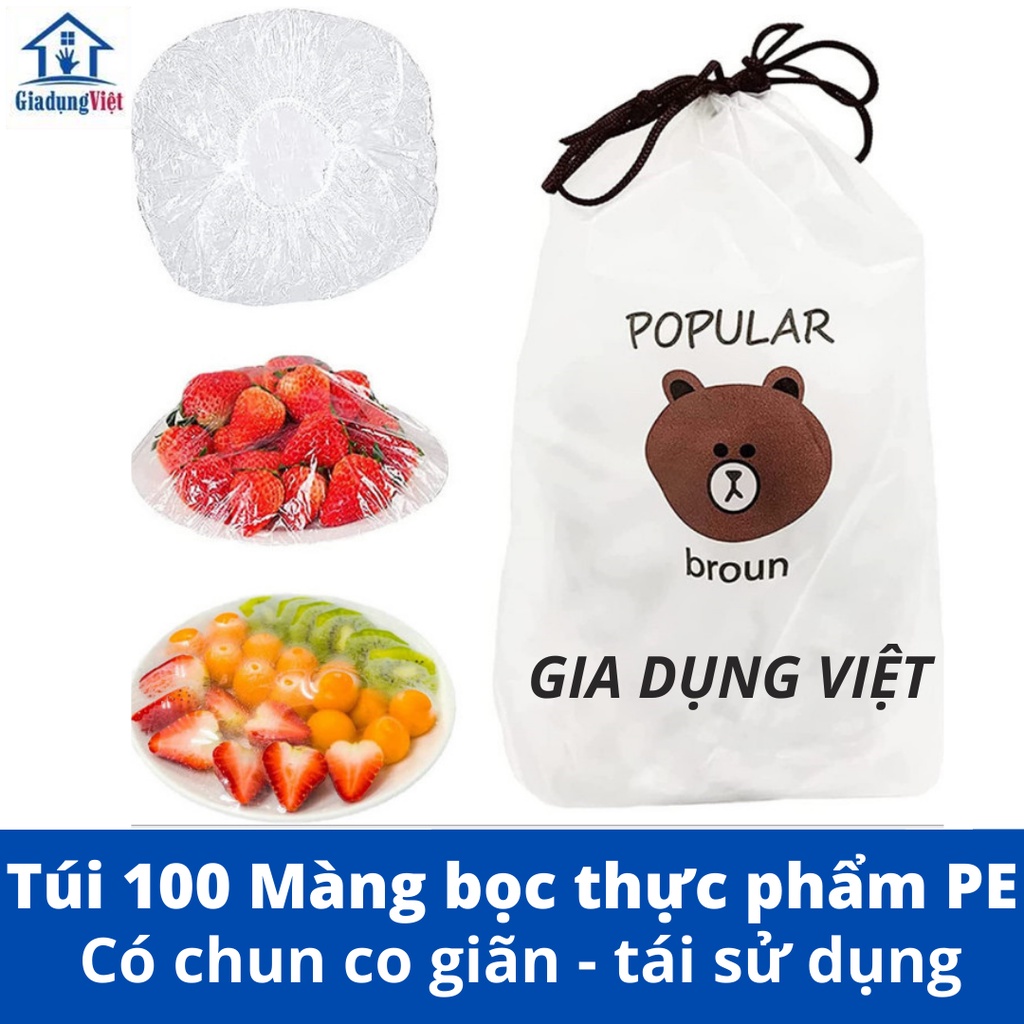 Túi 100 Màng bọc thực phẩm PE có chun co giãn bảo quản thực phẩm an toàn có thể tái sử dụng