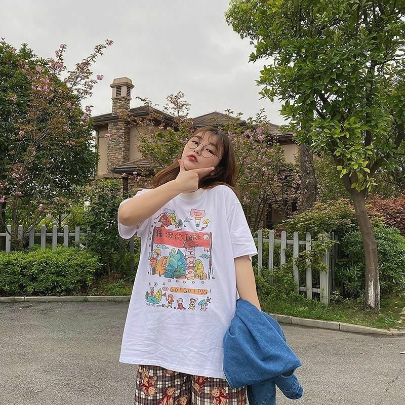 Áo Thun Tay Ngắn 100% Cotton Form Rộng Unisex Ulzzang Công Viên Heo Con Cute