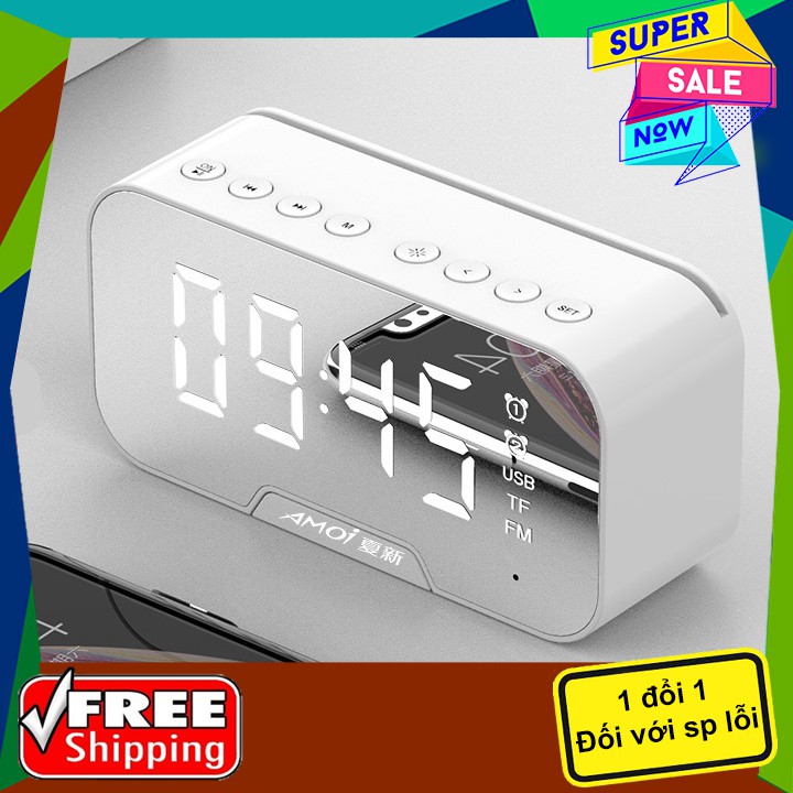 Loa bluetooth không dây mini pin trâu clock speaker D88 mặt kính tráng gương đồng hồ báo thức nghe đài FM đo nhiệt độ