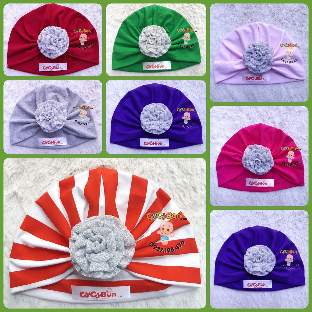 Mũ Nón Turban Cho Bé Gái Thun Cotton - Đính Bông Hoa Hồng Cuốn Màu Bạc Kim Tuyến Có Size Từ Sơ Sinh