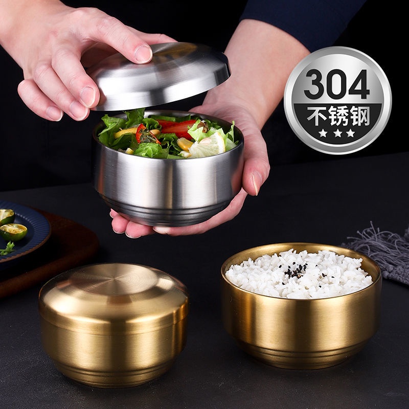 Sma korean style rice bowl 304 stainless steel bowl golden frosted bowl with lid double-layer anti-scalding anti-drop gia đình trẻ em nấu cơm