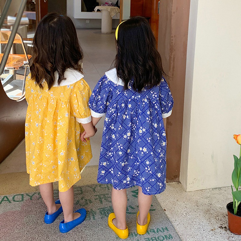 Đầm Công Chúa Cổ Búp Bê Tay Phồng Đính Nơ In Hoa Kiểu Hàn Quốc Thời Trang Mùa Hè Cho Bé Gái