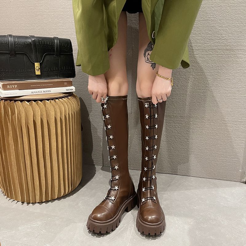 Oeteo Giày Bốt Cổ Cao Đế Dày Khóa Kéo Sau Cá Tính Cho Nữ