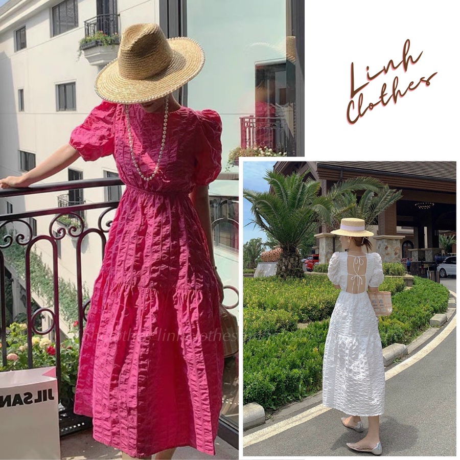 đầm tiểu thư maxi dự tiệc du lịch chất xốp hở lưng cột dây