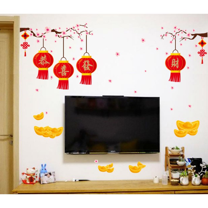 Decal trang trí Tết - Lồng đèn đỏ và Nén Vàng phú quý