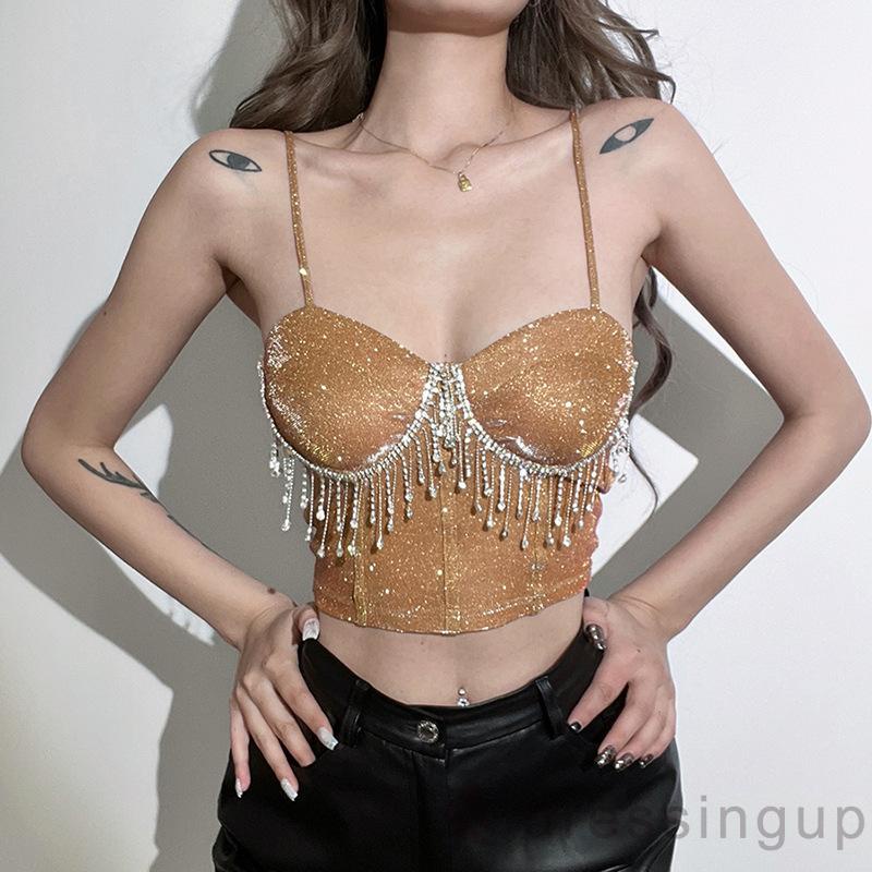 Áo không tay dáng ôm đính đá phối tua rua thời trang cho nữ