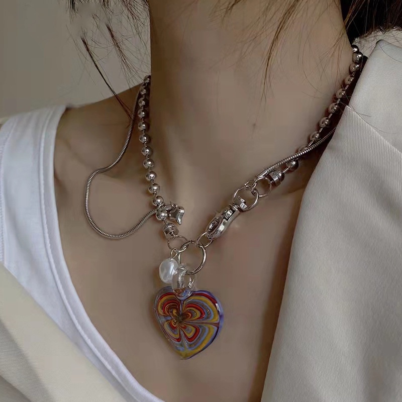 Vòng cổ Mặt Kính Ngọc Trai Hình Trái Tim Phong Cách hip hop Hàn Quốc Cổ Điển