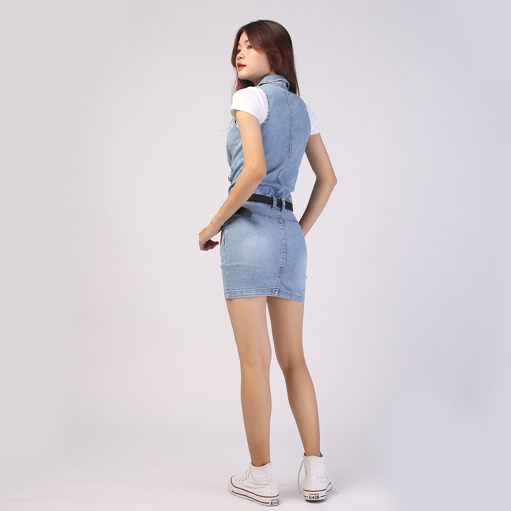 Chân váy ngắn jean HANOIJEAN - Chân váy liền áo màu xanh trắng co giãn chân váy bò VAY005 | BigBuy360 - bigbuy360.vn