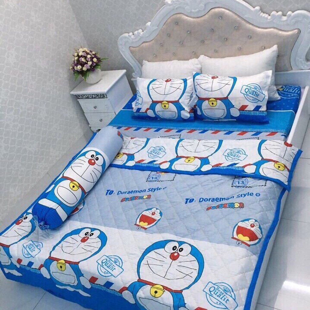Trọn Bộ Ga Mền Gối Cotton PoLy Doremon (Mền Chần Gòn)