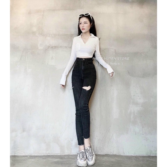 Quần Dài Jean Đen Muối Tiêu Trơn/ Rách 1 Đùi - Co Giãn Mạnh - Lưng Siêu Cao