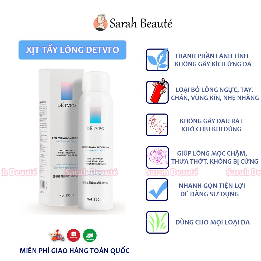 Xịt tẩy lông DETVFO không đau, Lành Tính Dịu Nhẹ, Kem tẩy lông nách, tay, chân, lưng 150ml - Sarah Beaute MP05