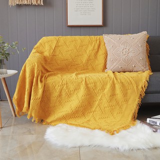 Chăn thảm phủ ghế sofa đan len tua rua màu vàng phong cách Bắc Âu / Bohemian