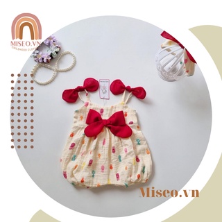 Bộ liền thân thiết kế body 2 dây xô muslin hoạ tiết quả dứa cho bé gái từ 3kg đến 13kg