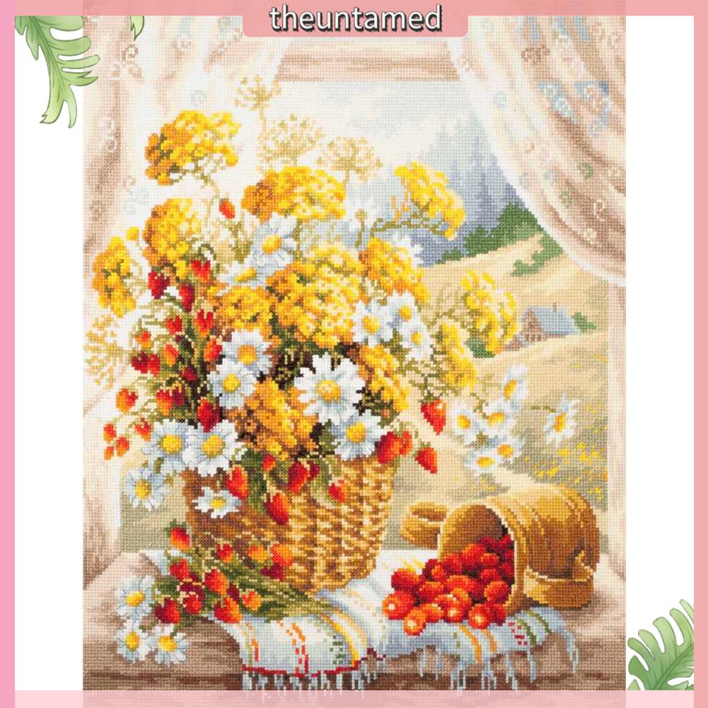 Bộ Tranh Thêu Toàn Bộ 11CT Hình Giỏ Hoa Cúc