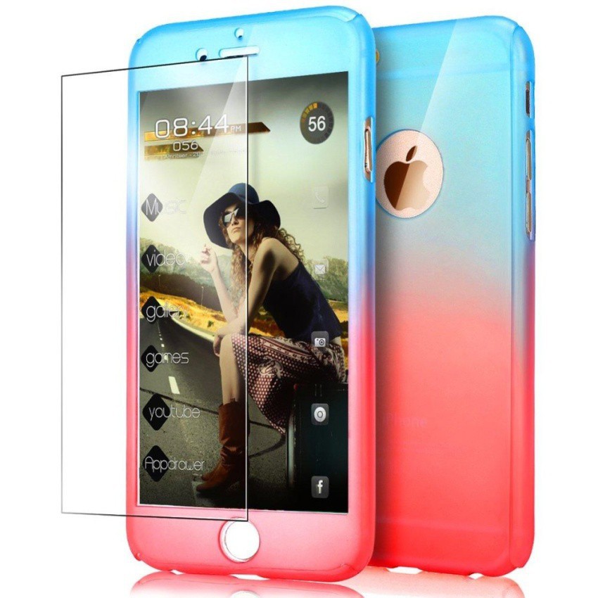 Ốp lưng PC cứng 360° 3 trong 1 bảo vệ toàn diện màu gradient cho iPhone 6 Plus/6s Plus kèm kính cường lực