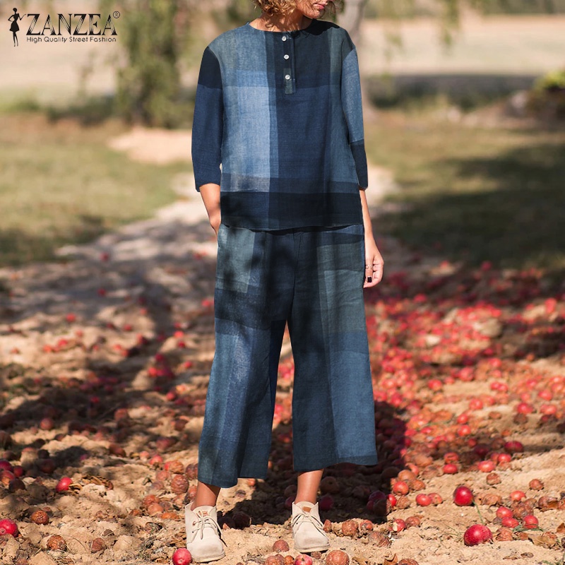 Bộ đồ ZANZEA áo tay 3/4 cổ tròn in họa tiết kẻ sọc caro quần phối túi thời trang thường ngày cho nữ