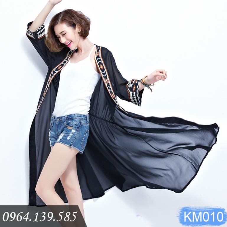 Áo kimono đi biển choàng dáng dài, viền thêu họa tiết thổ cẩm, mẫu mới 2020 Sexy