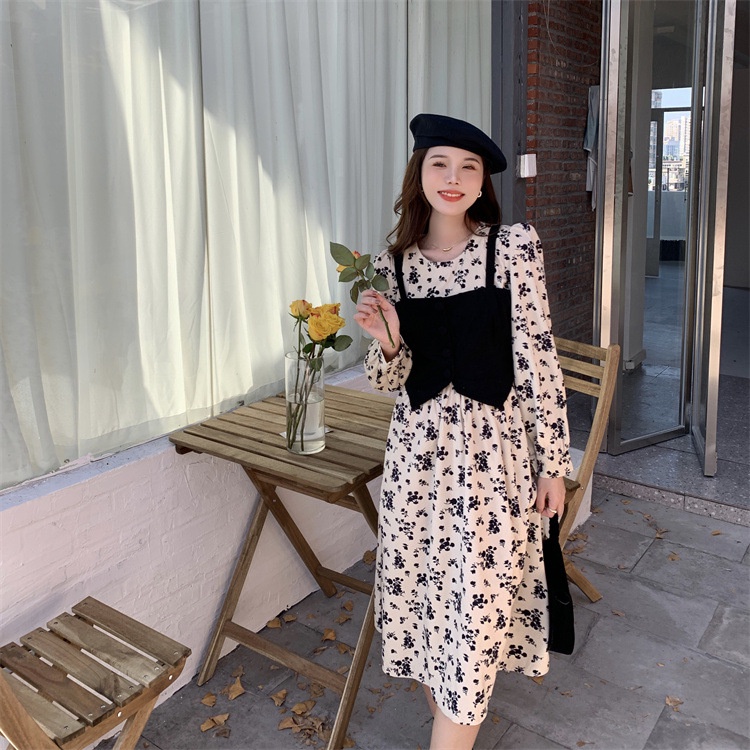 IELGY   Đầm Dài Cổ Tròn In Họa Tiết Hoa Phong Cách Hàn Quốc Cho Nữ