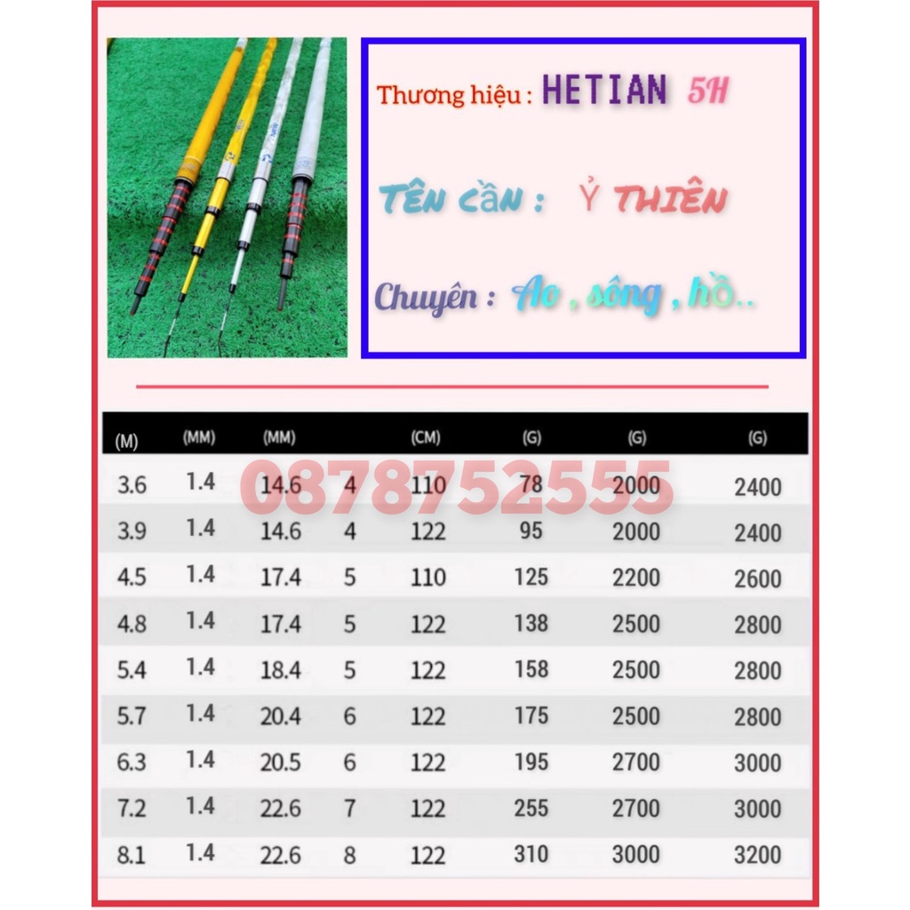 Cần Câu Tay Ỷ THIÊN, độ cứng 5h, phân bố lực 28-19, tải tĩnh 2,8kg, tải cá 13kg-15kg, Cần câu đơn đài,