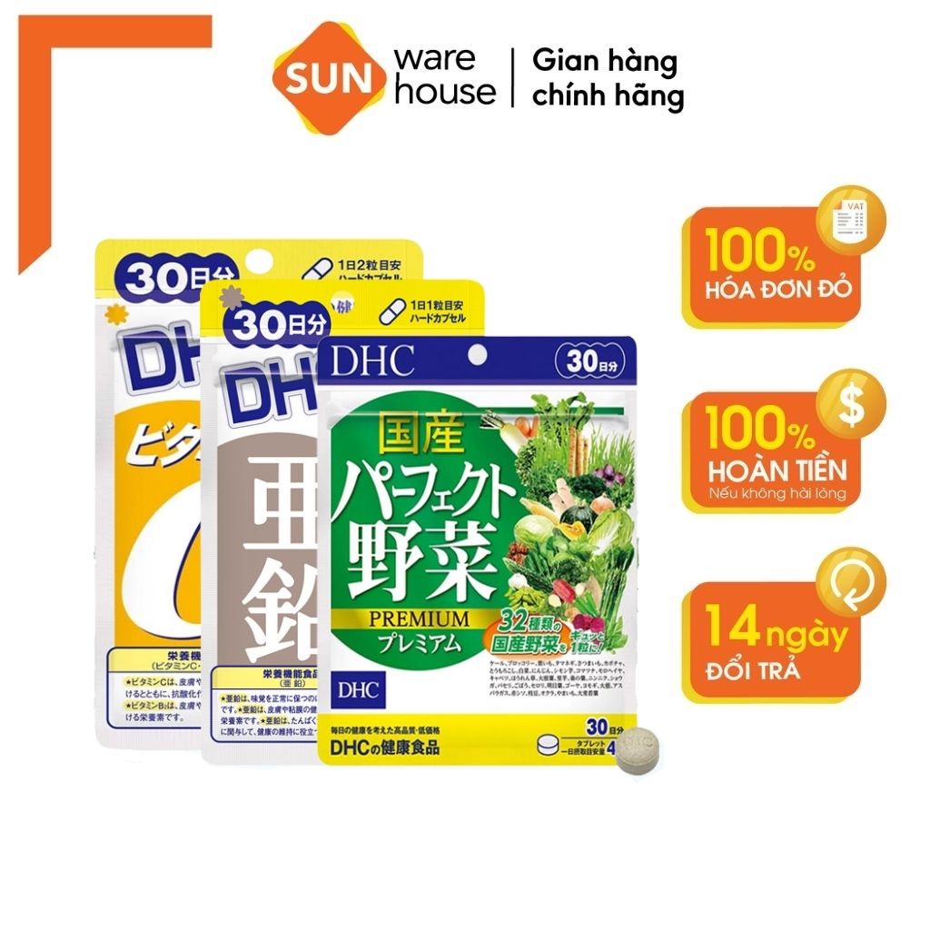 Combo Viên Uống DHC Viatmin C, DHC Kẽm Zin C Và DHC Perfect Vegetable Ngăn Mụn Hiệu Quả, Chăm Sóc Da Sáng Mịn 30 Ngày