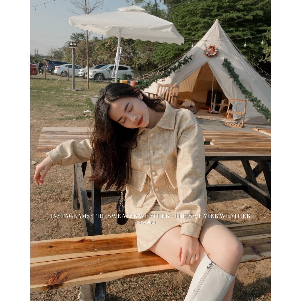 Set dạ nữ gồm áo khoác ngoài kèm chân váy chữ A cá tính , bộ đồ bánh bèo form rộng tay bồng Ulzzang 21115