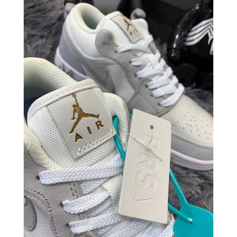 Giày thể thao Jordan 1 xám xanh paris, Giày JD1 màu xám xanh cổ thấp nam nữ Full Box Bill