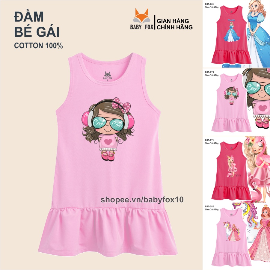 Đầm thun bé gái 100% cotton loại tốt, thương hiệu BABY FOX, in hình công chúa, size nhỏ, trung, đại e