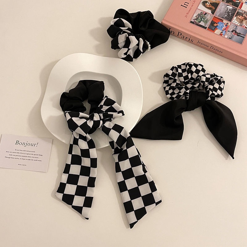 Dây Buộc Tóc Họa Tiết Sọc Caro Trắng Đen Đơn Giản Thời Trang Hàn Quốc