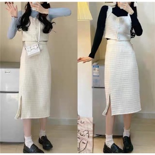 Set áo croptop+chân váy midi phong cách vintage sam sam boutique