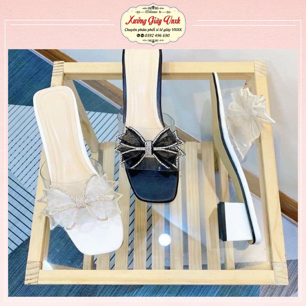 Dép nữ cao gót 5 phân đính nơ Thiên Hương xưởng giày VNXK BP36S162 Sandal Guốc nữ 5p cm đế vuông