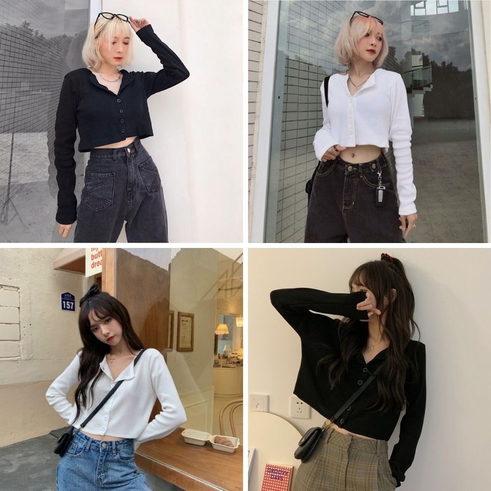 Áo Croptop YAN Cổ Tim Tay Dài Phối Khuy Unisex (2 MÀU)