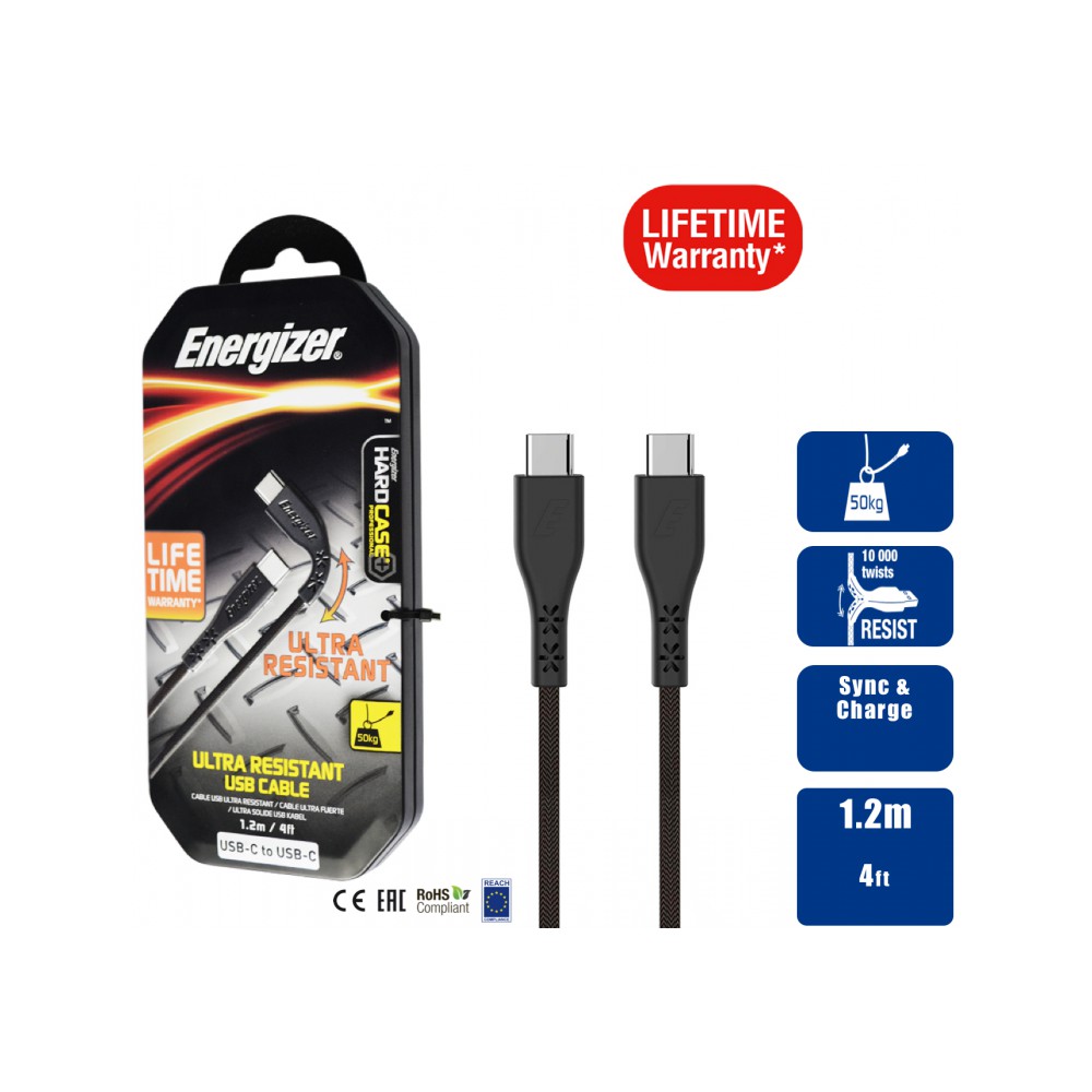 Cáp sạc Type C Energizer USB C ra USB C 2.0 dài 1.2m - LIFETIME WARRANTY - C41C2CGBKM