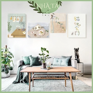 Tranh vải treo tường hình mèo trang trí phòng ngủ decor vintage kèm sticker dán