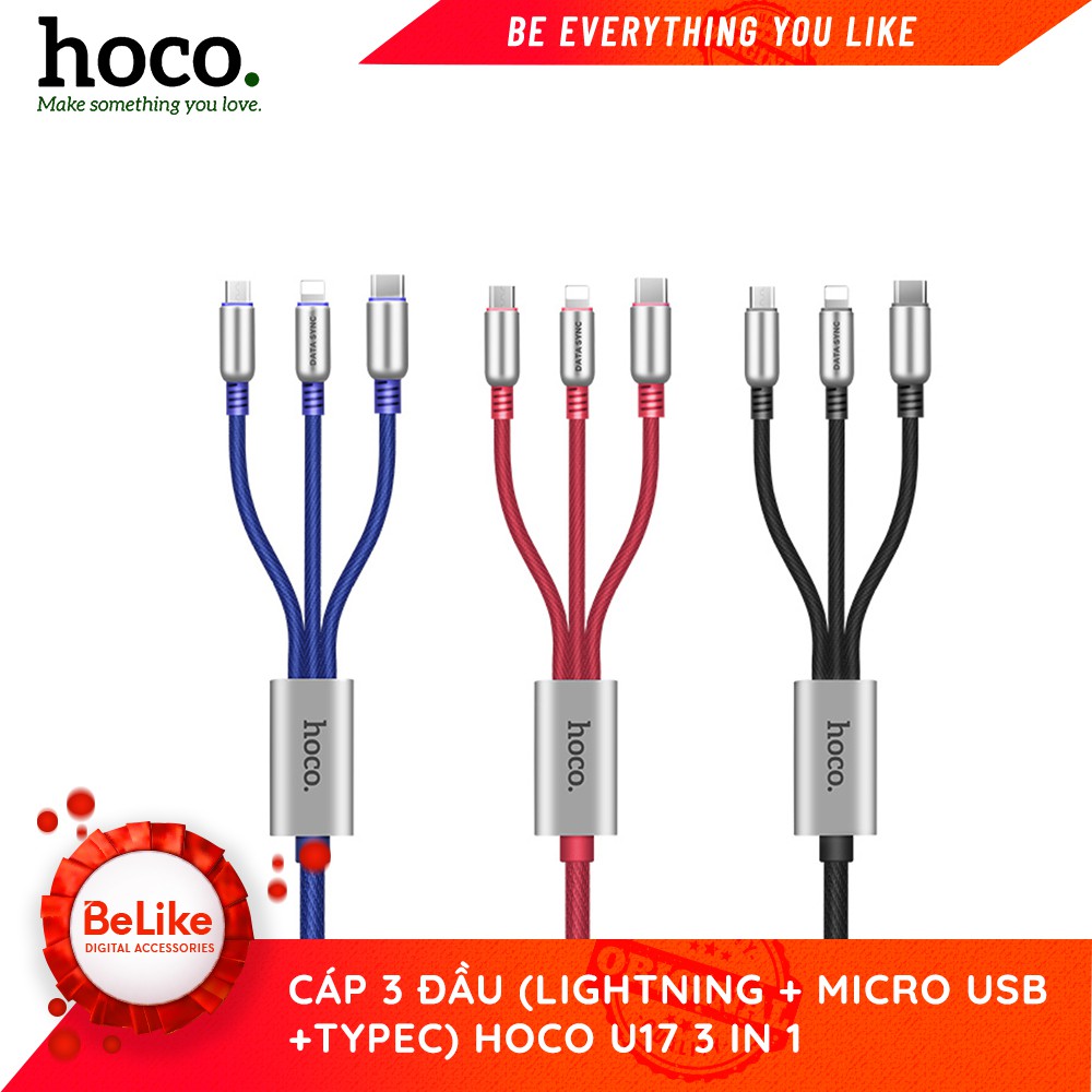 Cáp Hoco U17 - 3 trong 1 - Lightning/Micro/Type C dài 1.5m - Hàng Chính Hãng