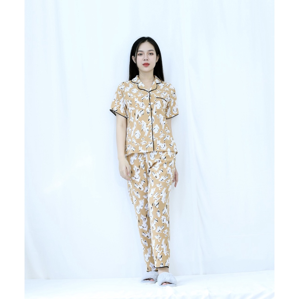 Bộ đồ Pijama nữ quần dài tay ngắn MÀU NÂU VÀNG CÁNH CHIM TRẮNG - SIÊU XINH - vải lụa COTTON - Cực Kì Sang Chảnh