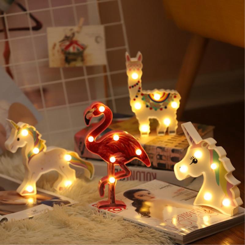 LED Flamingo Unicorn Sticker Modeling Lamp Room Decorative Light