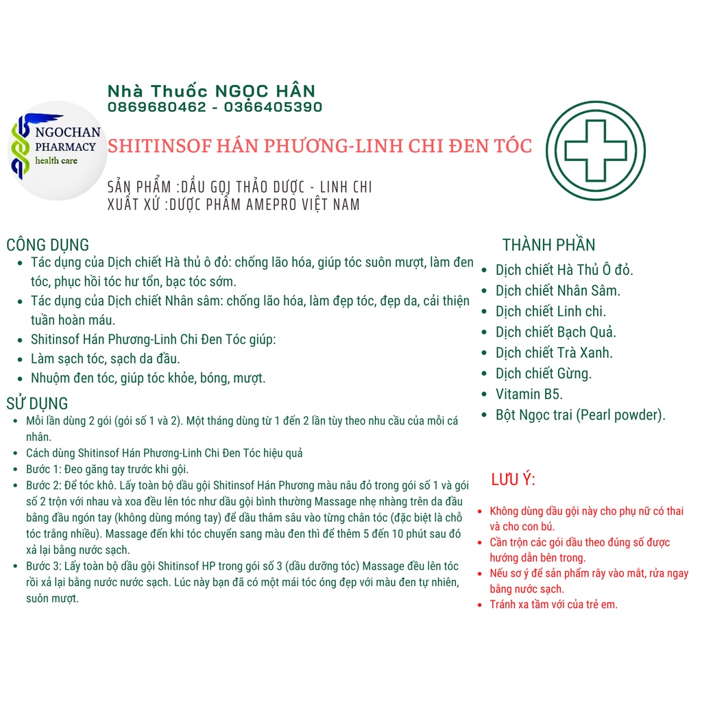 Dầu Gội Hán Phương Linh Chi Đen Tóc| Chống Lão Hóa, Đẹp Tóc, Đẹp Da| Hộp 3 Gói/15ml| DP Amepro VN