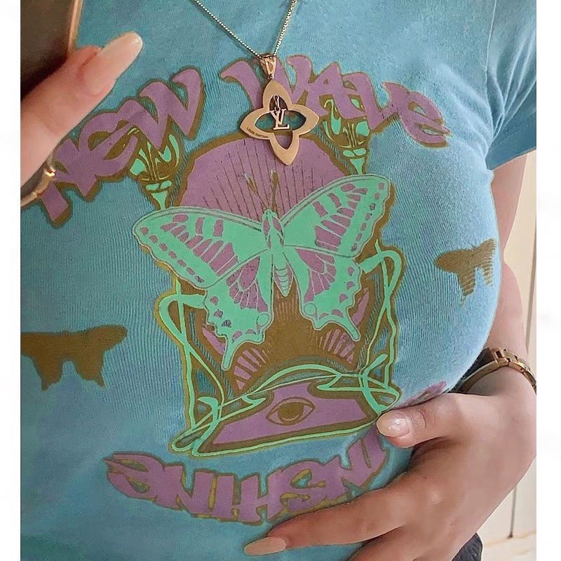 Áo Thun Tay Ngắn Dáng Ôm In Họa Tiết Bướm Màu Xanh Lá Phong Cách Mỹ Thời Trang Mùa Hè Mới Cho Nữ