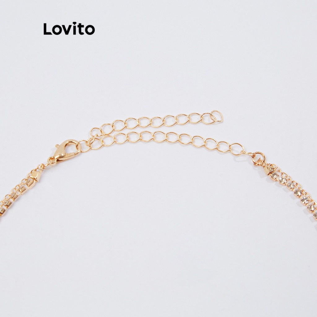 Vòng cổ Lovito hai lớp đính đá/ngọc trai giả phong cách thường ngày L18M128 (màu vàng)