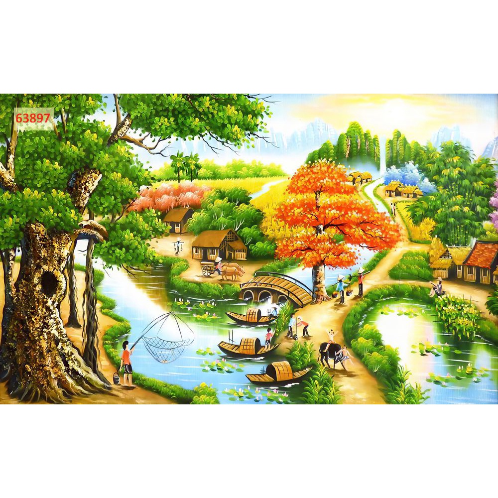Tranh Đồng Quê Việt Nam Lụa 3D Cao Cấp Dán Tường 3D