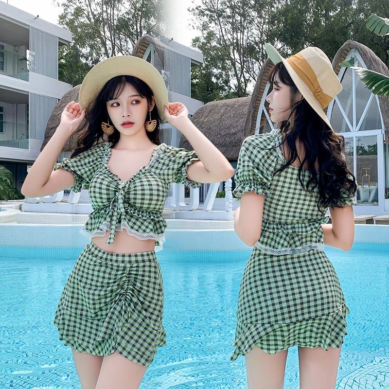 Bộ Đồ Bơi Hai Mảnh Họa Tiết Sọc Caro Xinh Xắn Thời Trang Mùa Xuân Cho Nữ