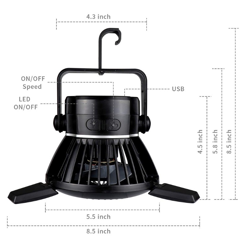 Quạt mini có móc treo trong lều khi đi cắm trại sử dụng năng lượng mặt trời có thể sạc bằng cổng USB tiện lợi