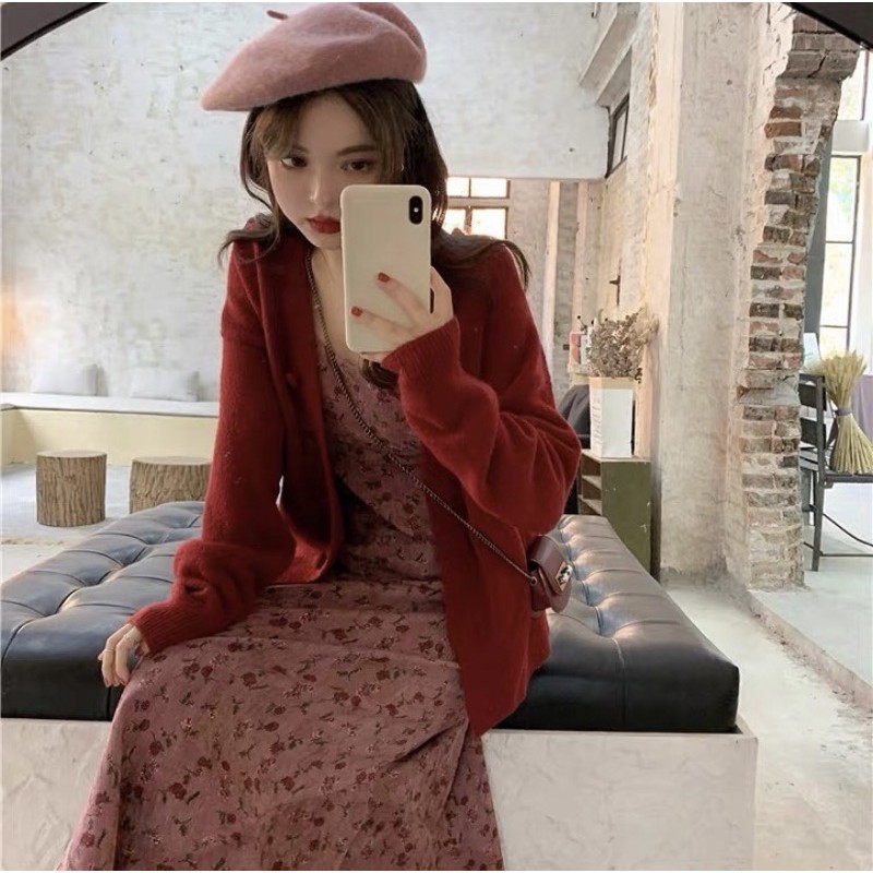 Set áo cardigan váy hoa