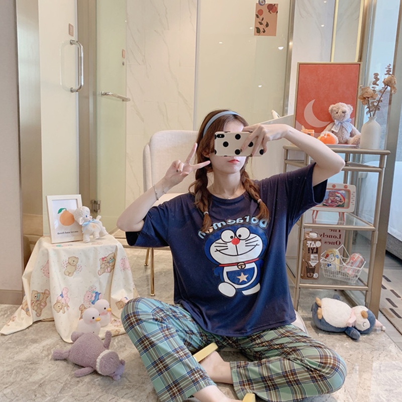 Bộ Đồ Ngủ Hai Mảnh Thoáng Khí In Họa Tiết Hoạt Hình Dễ Thương Cho Nữ