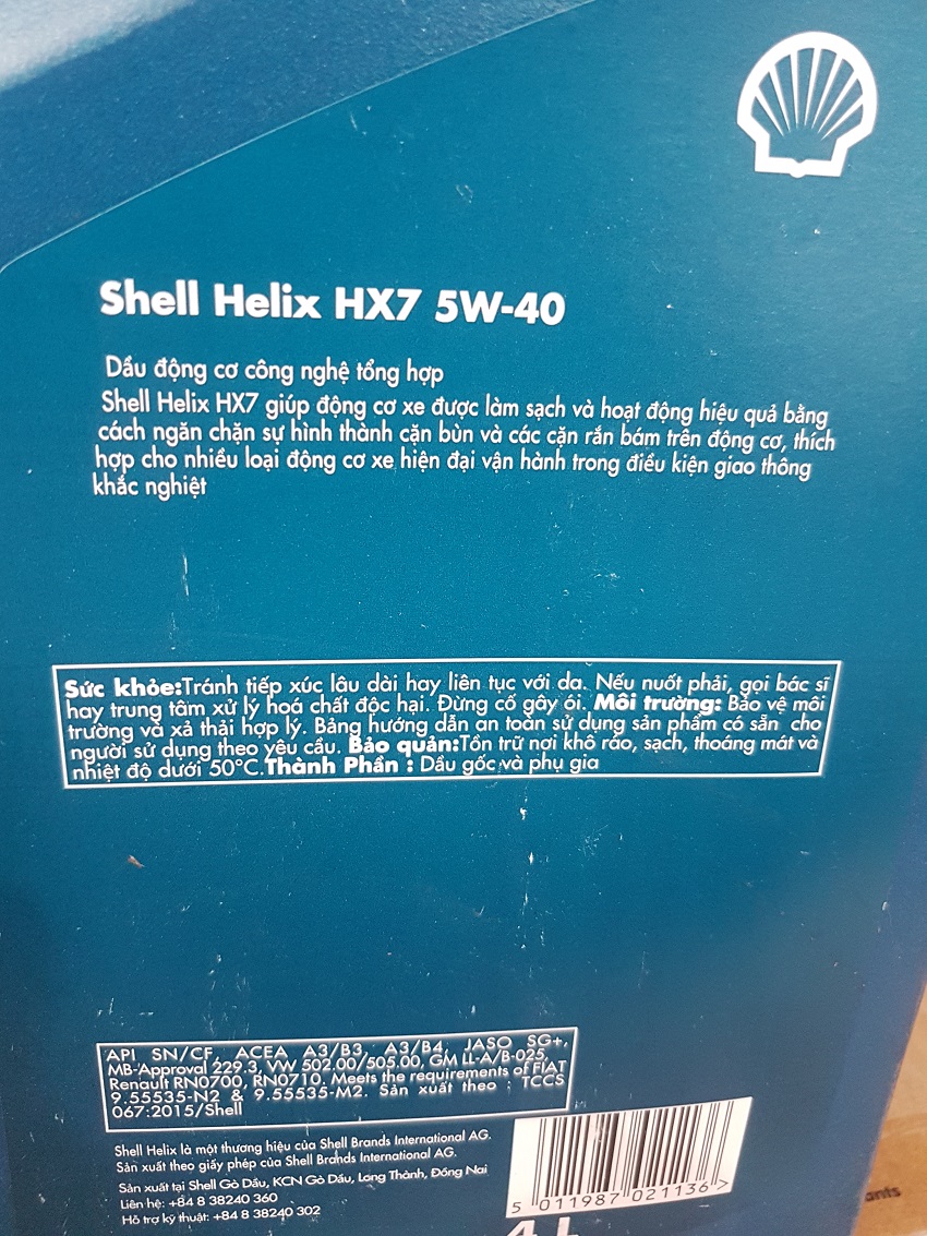 TIENTAIOIL Dầu nhớt ô tô shell helix HX7 5W-40 SN/CF,dùng cho xăng và cả diesel