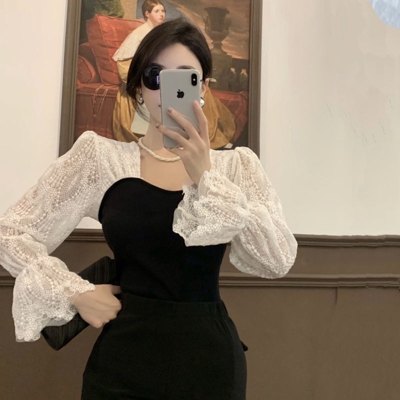 Áo dệt kim phối ren thời trang mùa thu mới dễ phối đồ dành cho nữ