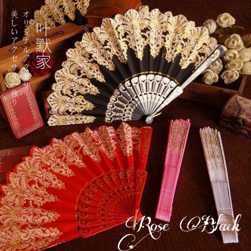 (quạt lông vũ) Quạt cầm tay hoạ tiết nhũ , quạt lolita cosplay cổ trang, gothic, lolita mã EW-885